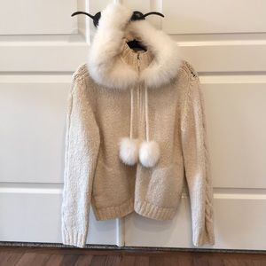 Off white cashmere fur trimmed hooded sweater